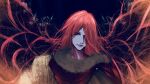  1girl cape closed_mouth elden_ring floating_hair fur_collar hair_over_one_eye highres kur0zeu long_hair looking_at_viewer malenia_blade_of_miquella one_eye_covered portrait red_cape red_eyes redhead solo 