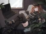  1girl bangs black_footwear black_gloves black_legwear black_shirt brown_hair commentary_request day girls&#039;_frontline_2:_exilium gloves indoors knee_pads long_hair looking_at_viewer lying night_vision_device notebook one_eye_closed qiujiao shirt single_knee_pad smile solo thigh-highs twintails ump9_(girls&#039;_frontline) 