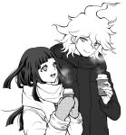  1boy 1girl :d alternate_costume bangs cup danganronpa_(series) danganronpa_2:_goodbye_despair disposable_cup dosugon height_difference komaeda_nagito long_hair looking_at_another medium_hair messy_hair mittens scarf smile steam tsumiki_mikan winter_clothes 