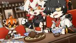  1girl 2boys aak_(arknights) animal_ears arknights black_dress black_gloves black_hair black_shirt blurry blurry_background body_fur bridal_gauntlets brown_hair capelet cat_boy cat_ears chopsticks company_name copyright copyright_name cup diner dog_boy dog_ears dress drooling dumpling dutch_angle ear_piercing eating food furry furry_female furry_male glasses gloves highres holding holding_chopsticks horns hung_(arknights) indoors jacket jiaozi multicolored_fur multicolored_hair multiple_boys official_art open_clothes open_jacket open_mouth orange_fur orange_hair piercing redhead semi-rimless_eyewear shirt short_hair single_horn streaked_hair teacup teapot tiger_ears tiger_girl tinted_eyewear under-rim_eyewear uwu waai_fu_(arknights) wavy_mouth white_capelet white_fur white_hair white_jacket yellow_eyes 