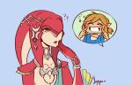  1boy 1girl colored_skin fish_girl grin highres jewelry link lips mipha multicolored_skin no_eyebrows red_skin simple_background smile the_legend_of_zelda the_legend_of_zelda:_breath_of_the_wild yuuzeart zora 