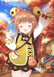  1girl :d ^_^ ^o^ arm_up autumn_leaves bangs bell blue_sky blunt_bangs braid brown_hair building chinese_clothes clenched_hand closed_eyes clouds cloudy_sky commentary_request genshin_impact hair_bell hair_ornament highres leaf long_hair long_sleeves looking_at_viewer maple_leaf pouch sky smile solo tree tutsucha_illust waving yaoyao_(genshin_impact) 