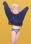  1girl arms_up bangs blue_sweater blush commentary_request fang gradient gradient_background grey_panties highres long_sleeves medium_hair navel open_mouth original panties sabamen skin_fang solo standing sweater underwear yellow_background 
