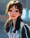  1girl backpack bag blurry blurry_background brown_eyes brown_hair closed_mouth day highres lips long_hair looking_at_viewer sam_yang smile solo 