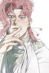  1boy earrings eyebrows_visible_through_hair jewelry jojo_no_kimyou_na_bouken kakyoin_noriaki male_focus mm_jjba portrait redhead scar scar_across_eye signature solo stardust_crusaders twitter_username violet_eyes 