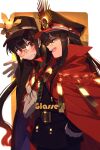  1boy 1girl bangs belt black_cape black_hair black_headwear black_jacket breasts brother_and_sister buttons cape chain echo_(circa) family_crest fate/grand_order fate_(series) fiery_hair glasses gloves hat jacket jewelry koha-ace long_hair long_sleeves medallion necklace oda_nobukatsu_(fate) oda_nobunaga_(fate) oda_uri open_mouth peaked_cap ponytail popped_collar red_cape red_eyes red_jacket siblings sidelocks small_breasts smile very_long_hair white_gloves 