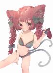  1girl :3 alternate_costume animal_ear_fluff animal_ears bangs bare_shoulders between_legs black_bow blunt_bangs bow bra braid breasts brm_1925 cat_ears cat_tail eyebrows_behind_hair fang fang_out feet_out_of_frame hair_bow hair_ribbon hand_between_legs hand_up highres holding holding_hair kaenbyou_rin light_blush light_smile long_hair looking_at_viewer multiple_tails nekomata red_eyes redhead ribbon simple_background small_breasts solo tail touhou tress_ribbon twin_braids twintails two_tails underwear very_long_hair white_background 
