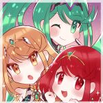  3girls bangs blonde_hair chibi earrings green_eyes green_hair highres jewelry kyosuke1413koba long_hair multiple_girls mythra_(xenoblade) pneuma_(xenoblade) ponytail pyra_(xenoblade) red_eyes redhead short_hair swept_bangs tiara very_long_hair xenoblade_chronicles_(series) xenoblade_chronicles_2 yellow_eyes 