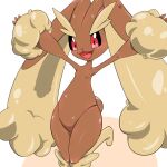  1girl :3 animal_ears animal_nose armpits arms_up black_sclera blush body_fur brown_fur colored_sclera commentary_request flat_chest furry furry_female happy kazamidoririnn knees_together_feet_apart leg_up lopunny open_mouth outstretched_arms partial_commentary pokemon pokemon_(creature) rabbit_ears rabbit_girl rabbit_tail red_eyes shiny shiny_skin simple_background smile solo spread_arms standing standing_on_one_leg tail two-tone_fur white_background yellow_fur 
