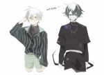  2897419513 2boys ahoge arknights bishounen black_hair black_shirt blue_eyes cowboy_shot faust_(arknights) glasses jewelry male_focus mephisto_(arknights) multiple_boys necklace pointy_ears shirt short_hair shorts simple_background smile white_background white_hair yellow_eyes 
