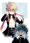  2boys bakugou_katsuki blonde_hair boku_no_hero_academia commentary_request freckles gloves green_eyes green_hair looking_at_viewer male_focus midoriya_izuku monochrome multiple_boys open_mouth red_eyes short_hair simple_background solo_focus spiky_hair teeth white_gloves will_izkt 