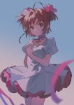  1girl ame_ame antenna_hair breasts brown_hair cardcaptor_sakura choker closed_mouth collarbone dress feet_out_of_frame green_eyes highres kinomoto_sakura looking_to_the_side magical_girl outdoors own_hands_together puffy_short_sleeves puffy_sleeves ribbon short_hair short_sleeves small_breasts solo star_(symbol) star_choker tareme two_side_up white_dress 