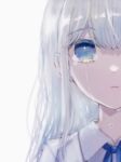  1girl bangs blue_eyes blue_ribbon collared_shirt crying crying_with_eyes_open eyebrows_visible_through_hair highres long_hair looking_at_viewer neck_ribbon open_mouth original portrait ribbon saikisaika shiny shiny_hair shirt silver_hair simple_background solo tears white_background white_shirt wing_collar 