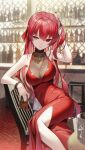  1girl bangs bar bottle breasts closed_mouth cup dress hair_ribbon heterochromia highres holding holding_cup hololive houshou_marine indoors large_breasts long_hair red_dress red_eyes red_ribbon redhead ribbon scottie_(phantom2) sitting sleeveless sleeveless_dress smile solo very_long_hair virtual_youtuber yellow_eyes 