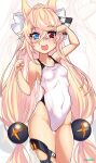  1girl absurdres aiuti animal_ears blonde_hair blue_eyes breasts cat_ears clothes_writing competition_swimsuit covered_navel cowboy_shot fang g41_(girls&#039;_frontline) girls_frontline hair_ribbon heterochromia highleg highleg_swimsuit highres long_hair looking_at_viewer low-tied_long_hair one-piece_swimsuit paw_pose red_eyes ribbon skin_fang small_breasts smile solo standing swimsuit thigh_gap very_long_hair white_ribbon white_swimsuit zoom_layer 