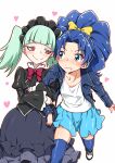  2girls biburi_(precure) black_dress blue_eyes blue_hair blue_jacket blue_legwear blue_skirt blush bow commentary_request dress fang green_hair hair_bow hair_ornament happy heart jacket kirakira_precure_a_la_mode leather leather_jacket long_hair looking_at_another multiple_girls ponytail precure red_eyes shirt shoes simple_background skirt smile tategami_aoi thigh-highs thighs twintails white_background white_shirt yellow_bow yuri yuto_(dialique) 