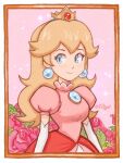  1girl blue_brooch blue_eyes brooch crown dress earrings eyebrows flower gloves jewelry long_hair looking_back pink_dress portrait princess princess_peach rose sakurakiss777 smile solo super_mario_bros. tiara white_gloves 