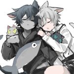  2897419513 2boys animal animal_ears arknights bishounen black_hair cat cat_ears cat_tail child faust_(arknights) fish green_eyes jacket male_focus mephisto_(arknights) multiple_boys open_mouth shirt short_hair shorts sleeping suspenders tail white_hair white_shirt yellow_eyes 