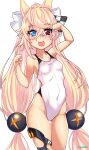  1girl absurdres aiuti animal_ears blonde_hair blue_eyes breasts cat_ears clothes_writing competition_swimsuit covered_navel cowboy_shot fang g41_(girls&#039;_frontline) girls_frontline hair_ribbon heterochromia highleg highleg_swimsuit highres long_hair looking_at_viewer low-tied_long_hair one-piece_swimsuit paw_pose red_eyes ribbon simple_background skin_fang small_breasts smile solo standing swimsuit thigh_gap very_long_hair white_background white_ribbon white_swimsuit zoom_layer 