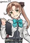  1girl akigumo_(kancolle) akigumo_kai_ni_(kancolle) aqua_bow aqua_bowtie blazer bow bowtie brown_hair drawing_tablet dress green_eyes grey_dress grin hair_ribbon jacket kantai_collection long_hair looking_at_viewer makun_dx mole mole_under_eye one-hour_drawing_challenge pleated_dress ponytail ribbon school_uniform simple_background smile solo twitter_username white_background 