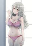  1girl blush bra breasts brown_eyes collarbone cowboy_shot eyebrows_visible_through_hair grey_hair hair_between_eyes highres indoors kantai_collection lingerie looking_at_viewer medium_breasts mikan_29344886 panties pink_bra pink_panties pola_(kancolle) solo underwear underwear_only wavy_hair window 