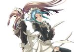  2girls apron black_dress blue_hair blush closed_eyes closed_mouth collar dress feather_trim felicia_(fire_emblem) fire_emblem fire_emblem_fates flora_(fire_emblem) forehead frilled_collar frills grey_eyes haku_(pixiv4827223) juliet_sleeves long_hair long_sleeves looking_at_another maid maid_headdress multiple_girls open_mouth pink_hair ponytail puffy_sleeves siblings sidelocks sisters smile straight_hair twins twintails twitter_username upper_body waist_apron white_apron 