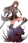  1girl animal_ears armor armored_boots belt blood blood_on_weapon boots breastplate breasts brown_belt brown_dress brown_footwear brown_gloves brown_hair commentary decapitation dress eyebrows_visible_through_hair frilled_dress frills full_body gloves highres holding holding_sword holding_weapon knee_up long_hair looking_at_viewer medium_breasts mibu_natsuki monster panties panty_peek parted_lips raccoon_ears raccoon_girl raccoon_tail raphtalia red_eyes ribbed_dress short_dress shoulder_armor sidelocks simple_background solo standing straight_hair sword tail tate_no_yuusha_no_nariagari thigh-highs thigh_boots thighs underbust underwear v-shaped_eyebrows weapon white_background white_panties zettai_ryouiki 