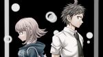  1boy 1girl ahoge backpack bag bangs black_background black_jacket blue_sky blunt_bangs breasts brown_hair clouds collared_shirt danganronpa_(series) danganronpa_2:_goodbye_despair eyebrows_visible_through_hair flipped_hair galaga green_necktie hair_ornament hinata_hajime hood hood_down hooded_jacket jacket large_breasts nanami_chiaki neck_ribbon necktie pink_ribbon ribbon shirt sky spiky_hair susumu_(rei-h-0701) white_background white_shirt 