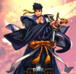  beard belt black_hair blurry blurry_background facial_hair gauntlets gyee headband highres japanese_clothes katana kimono lan_(gyee) logo looking_at_viewer lvlv male_focus manly mature_male muscular muscular_male official_art official_wallpaper open_clothes orange_eyes pectoral_cleavage pectorals petals scabbard sheath shoulder_pads solo sword weapon 
