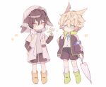  animal_ears arknights ayerscarpe_(arknights) bishounen blue_eyes brown_hair child electricity flower full_body jacket leonhardt_(arknights) male_focus orange_eyes rabbit_boy rabbit_ears ribbon sen_(5710265) shoes short_hair shorts thighs umbrella 