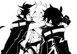  2897419513 3boys absurdres arknights bishounen black_hair closed_eyes cowboy_shot faust_(arknights) fingerless_gloves gloves greyscale hand_on_another&#039;s_head highres jacket male_focus mephisto_(arknights) monochrome multiple_boys pointy_ears shirt short_hair simple_background sketch smile white_background white_hair 