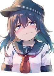  1girl absurdres akatsuki_(kancolle) alternate_sleeve_length anchor_symbol black_hair black_headwear black_sailor_collar blue_eyes commentary_request flat_cap hat highres kantai_collection long_hair looking_at_viewer neckerchief red_neckerchief sad sailor_collar short_sleeves simple_background solo taisho_(gumiyuki) upper_body white_background 