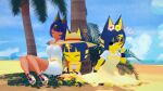  1girl 3d animal_crossing animal_ears ankha_(animal_crossing) bangs beach black_eyes blue_hair blunt_bangs cat_girl dress eyeshadow furry furry_female hat koikatsu makeup multicolored_hair multiple_persona one_eye_closed palm_tree personification short_hair sun_hat tail tree two-tone_hair user-j218 white_dress 