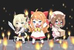  3girls :d ahoge aitti_(vtuber) bangs bare_shoulders black_legwear black_skirt blonde_hair blue_eyes blurry blurry_foreground blush boots bow braid brown_footwear brown_hair character_request co-ong_(vtuber) commentary_request depth_of_field dragon_girl dragon_horns dragon_tail dress eyebrows_visible_through_hair fake_facial_hair fake_mustache frilled_dress frills fur-trimmed_boots fur_trim glasses green_eyes hair_between_eyes hair_bow hair_ornament holding holding_sword holding_torch holding_weapon horns indie_virtual_youtuber jacket long_sleeves mauve minecraft multiple_girls neckerchief open_clothes open_jacket orange_hair pink_sweater pointy_ears puffy_long_sleeves puffy_sleeves rainbow_gradient red-framed_eyewear red_bow red_footwear red_sailor_collar ribbed_sweater sailor_collar sailor_dress semi-rimless_eyewear shoes sidelocks skirt smile sweater sweater_dress sword tail thigh-highs thighhighs_under_boots torch under-rim_eyewear uneven_eyes weapon white_dress white_jacket white_legwear x_hair_ornament yellow_neckerchief 