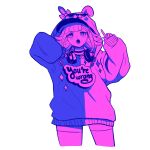  1girl :o alternate_costume bangs blush cosplay cowboy_shot danganronpa_(series) danganronpa_2:_goodbye_despair ear_bow english_text flipped_hair grey_background hair_ornament headphones highres hood hood_down hoodie long_sleeves medium_hair missarilicious monomi_(danganronpa) monomi_(danganronpa)_(cosplay) nanami_chiaki open_mouth simple_background thigh-highs v-shaped_eyebrows zettai_ryouiki 