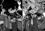  2897419513 2boys absurdres arknights bishounen black_hair closed_mouth faust_(arknights) greyscale hat highres jacket male_focus mephisto_(arknights) monochrome multiple_boys necktie one_eye_covered rhodes_island_logo shirt short_hair smile umbrella white_background white_hair 