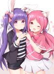  2girls ;d animal_ears bangs black_shorts blunt_bangs bow bowtie capelet casual cat_ears commentary_request eyebrows_visible_through_hair hair_bow hair_ribbon highres hood hooded_jacket horizontal_stripes jacket long_hair long_sleeves looking_at_viewer low_twintails one_eye_closed original pink_eyes pink_hair pleated_skirt purple_hair rabbit_ears ribbon shirt short_shorts shorts sidelocks simple_background skirt smile striped striped_shirt tutsucha_illust twintails violet_eyes white_background white_skirt 