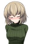  1girl absurdres aikir_(jml5160) bangs blonde_hair blush bob_cut breasts casual closed_mouth commentary embarrassed eyebrows_visible_through_hair facing_viewer frown girls_und_panzer green_sweater highres katyusha_(girls_und_panzer) large_breasts older ribbed_sweater short_hair simple_background solo sweatdrop sweater turtleneck upper_body white_background 