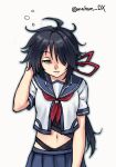  1girl ahoge bangs black_hair blue_sailor_collar blue_skirt commentary_request drooling green_eyes hair_ornament hairclip kako_(kancolle) kako_kai_ni_(kancolle) kantai_collection long_hair looking_at_viewer makun_dx messy_hair navel one-hour_drawing_challenge parted_bangs pleated_skirt ponytail sailor_collar saliva school_uniform serafuku simple_background skirt sleepy solo twitter_username white_background 