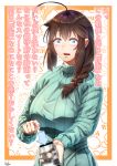  1girl absurdres ahoge alternate_costume blue_eyes braid breasts brown_hair cellphone green_sweater hair_flaps hair_ornament hair_over_shoulder highres holding holding_phone kantai_collection kantai_collection_(anime) large_breasts long_sleeves phone pink_nails shigure_(kancolle) shigure_kai_ni_(kancolle) single_braid smartphone sweater translation_request tsui_(kojiya) turtleneck turtleneck_sweater 
