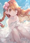  1girl aisaka_taiga bangs blue_sky braid brown_eyes brown_hair clouds commentary crossed_arms dress earrings elbow_gloves english_commentary eyebrows_behind_hair flower gloves hair_flower hair_ornament highres jewelry light_blush long_hair parororo pink_flower pink_rose pout rose sitting sky solo toradora! wedding_dress white_dress white_gloves 