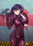  1girl :d adsouto alternate_costume bangs bodysuit breasts brown_eyes covered_navel cowboy_shot english_text floating_hair hands_up highres katsuragi_misato large_breasts long_hair looking_at_viewer neon_genesis_evangelion open_mouth plugsuit purple_hair signature skin_tight smile solo 