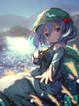  1girl absurdres backpack bag bangs blue_eyes blue_hair blue_jacket blue_skirt blue_sky blurry blurry_background chii_(tsumami_tsumamare) closed_mouth flat_cap green_bag green_headwear hair_bobbles hair_ornament hat highres jacket kawashiro_nitori key long_sleeves looking_at_viewer outdoors short_hair skirt sky smile solo touhou two_side_up 