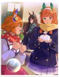  3girls animal_ears bangs blouse blue_coat blunt_bangs blurry blurry_background bow box brown_hair buttons classroom coat commentary_request crystal_ball double-breasted ear_covers ear_ribbon fringe_trim gift gift_box green_eyes green_scarf hair_ornament hairband hairclip highres holding holding_gift horse_ears horse_girl indoors kodai2015 long_hair long_sleeves looking_at_another looking_back matikanefukukitaru_(umamusume) mejiro_dober_(umamusume) miniskirt multiple_girls open_mouth pleated_skirt purple_blouse purple_legwear purple_skirt scarf school_uniform serafuku short_hair silence_suzuka_(umamusume) single_ear_cover sitting skirt smile standing thigh-highs tracen_school_uniform umamusume valentine white_bow white_hairband winter_clothes winter_uniform yellow_scarf 