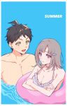  1boy 1girl :d bangs bare_arms bikini blue_background border breasts brown_eyes brown_hair chi_(hnnmemi) collarbone crossed_arms danganronpa_(series) danganronpa_2:_goodbye_despair galaga hair_ornament highres hinata_hajime innertube large_breasts looking_at_viewer medium_hair mole mole_on_breast nanami_chiaki open_mouth pink_eyes short_hair smile swimsuit upper_body white_border 