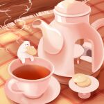  bear chai_(drawingchisanne) cookie cup food indoors no_humans original sitting steam table tablecloth tea teacup teapot 