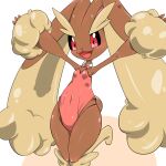 1girl :3 animal_ears animal_nose armpits arms_up black_sclera blush body_fur bow bowtie brown_fur clothed_pokemon colored_sclera commentary_request covered_navel detached_collar flat_chest furry furry_female happy kazamidoririnn knees_together_feet_apart leg_up leotard lopunny open_mouth outstretched_arms partial_commentary pink_bow pink_bowtie pink_leotard playboy_bunny pokemon pokemon_(creature) rabbit_ears rabbit_girl rabbit_tail red_eyes shiny shiny_skin simple_background smile solo spread_arms standing standing_on_one_leg strapless strapless_leotard tail two-tone_fur white_background yellow_fur 