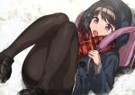  1girl backpack bag black_hair black_legwear erere fang fukumaru_koito hood hood_up hooded_coat idolmaster idolmaster_shiny_colors long_sleeves lying on_floor pantyhose scarf shoes skin_fang snow solo sweater violet_eyes 