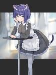  1girl absurdres animal_ear_fluff animal_ears apron bangs black_dress blue_eyes blue_hair blurry blurry_background blush buttons cat_ears cat_girl cat_tail closed_mouth collared_dress commentary depth_of_field dress eyebrows_visible_through_hair frilled_apron frills hand_on_own_cheek hand_on_own_face head_rest highres leaning_forward letterboxed light_blush long_sleeves looking_at_viewer maid maid_apron original pantyhose puffy_sleeves ryou_(ponpgo) short_hair solo symbol-only_commentary table tail white_apron white_legwear 