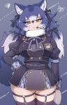  1girl animal_ear_fluff animal_ears arm_at_side armband bangs belt black_hair black_legwear blue_hair blue_lips cowboy_shot dire_wolf_(kemono_friends) empty_eyes eyebrows_visible_through_hair fur_collar garter_straps gloves grey_hair hair_ornament hair_ribbon hand_on_hip head_tilt headset highres jacket juliet_sleeves kemono_friends kemono_friends_v_project leg_garter lipstick long_hair long_sleeves looking_at_viewer makeup microskirt multicolored_hair neck_ribbon official_alternate_costume parted_lips plaid plaid_sleeves plaid_trim puffy_sleeves ribbon skindentation skirt smile solo tail tanaka_kusao thigh-highs twintails virtual_youtuber white_gloves wolf_ears wolf_girl wolf_tail yellow_eyes zettai_ryouiki 